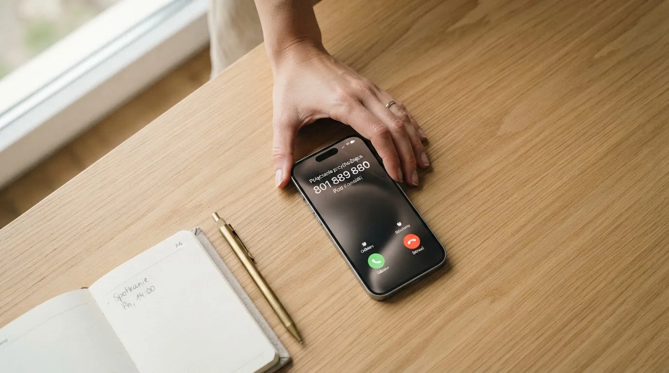Dłoń trzymająca telefon komórkowy z widocznym numerem infolinii pomocowej na ekranie.